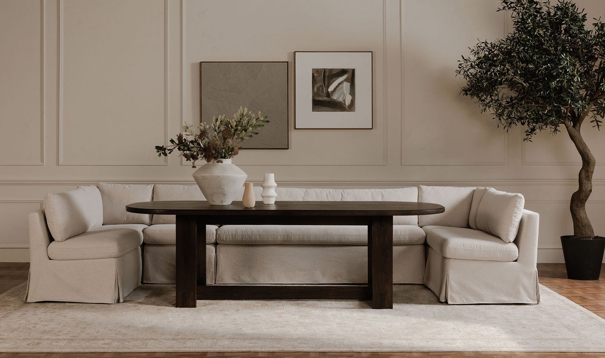 Fable Slipcover Dining Banquette U-Shape Beige 129In