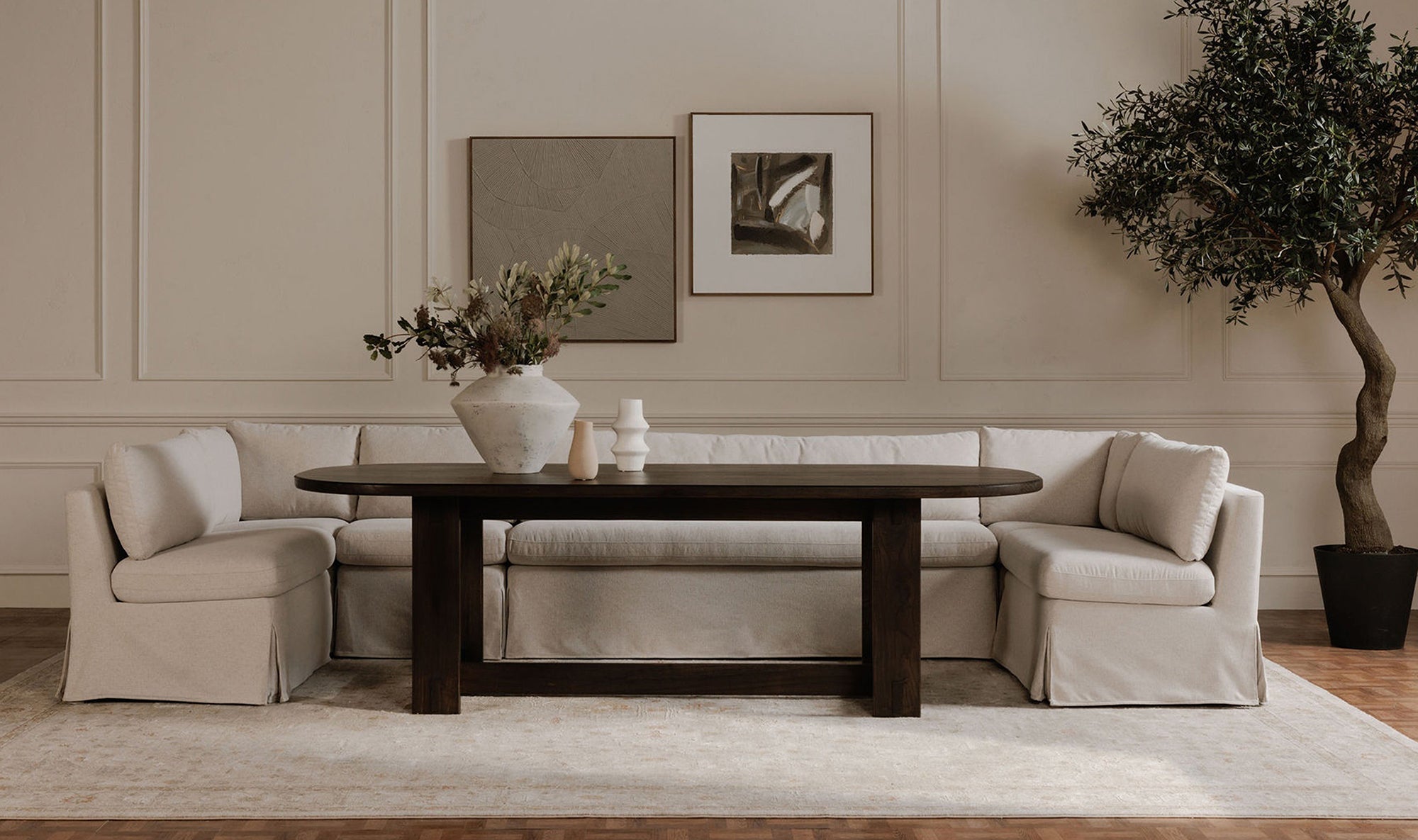 Fable Slipcover Dining Banquette U-Shape Beige 154In