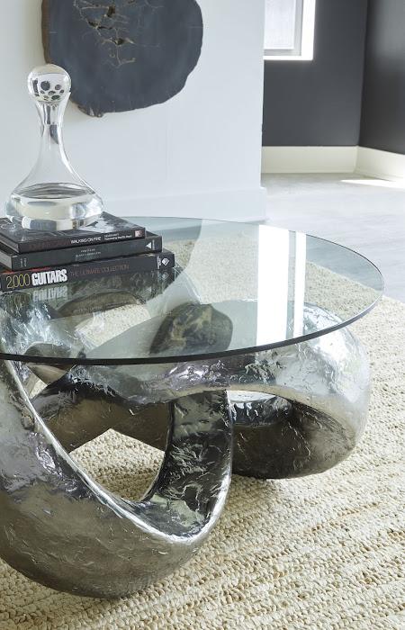 Trifoil Coffee Table, Liquid Silver w/Glass