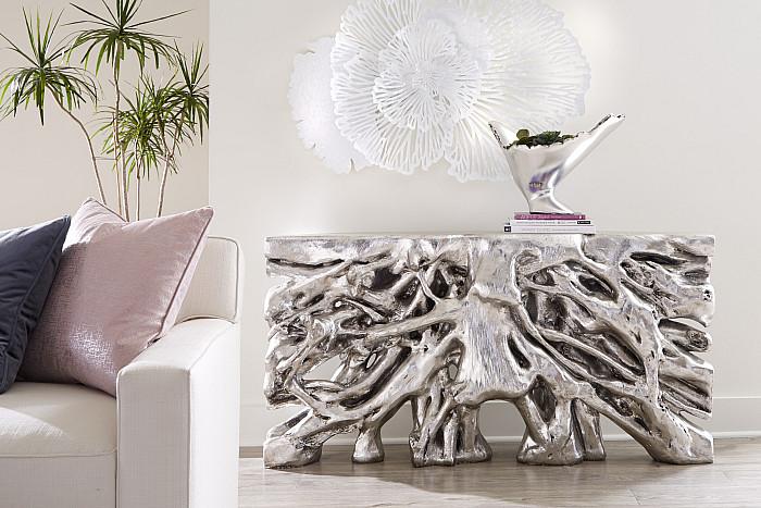 Square Root Console Table, Silver Leaf