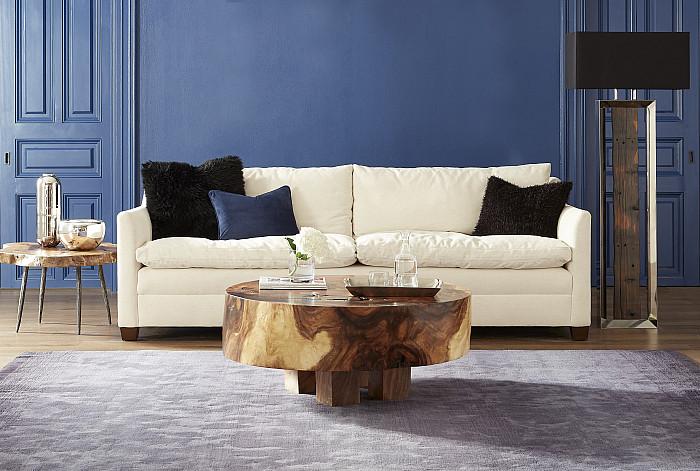 Burled Coffee Table, Black Metal Legs, Large