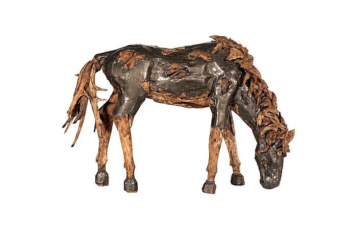 Mustang Horse Armored Sculpture, Grazing, Natural Bronze Finish
