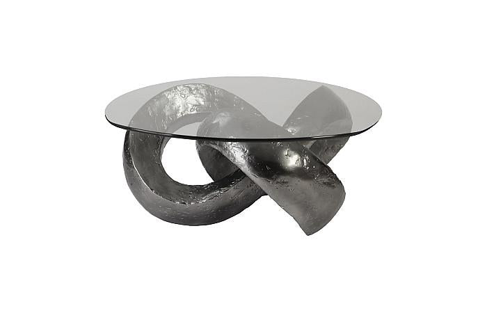 Trifoil Coffee Table, Liquid Silver w/Glass