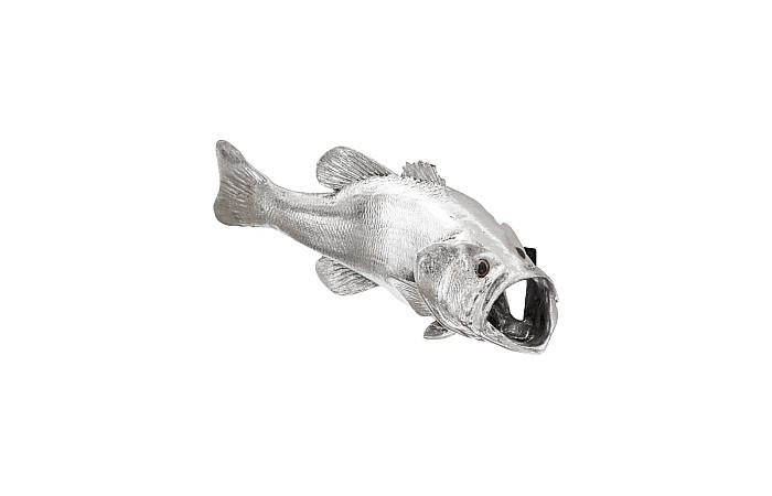 Large Mouth Bass Fish Wall Sculpture, Resin, Silver Leaf