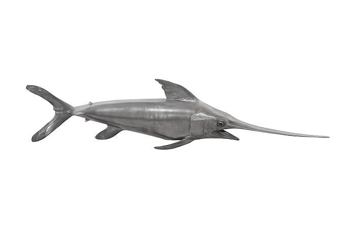 Broadbill Swordfish Fish Wall Sculpture, Resin, Polished Aluminum Finish