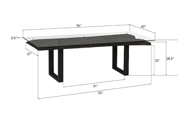 Chainsaw Dining Table with Glass, Burnt Black, Black Iron U Legs