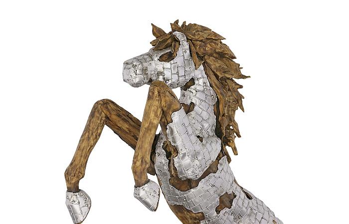 Mustang Horse Armored Sculpture, Rearing, Wood Base