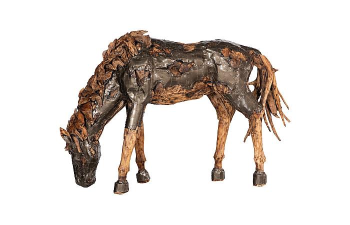 Mustang Horse Armored Sculpture, Grazing, Natural Bronze Finish