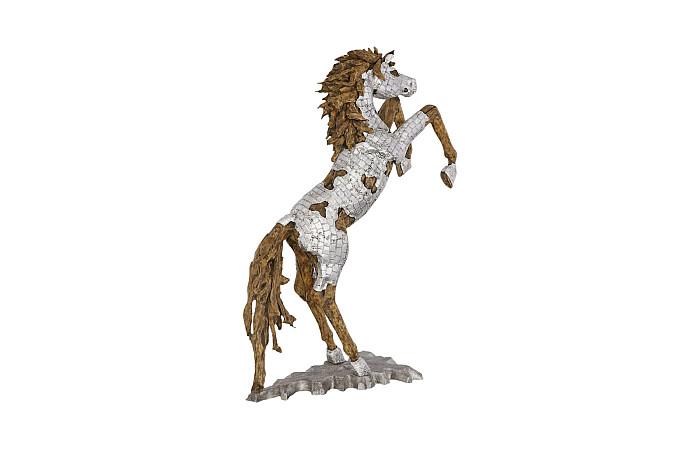 Mustang Horse Armored Sculpture, Rearing, Wood Base