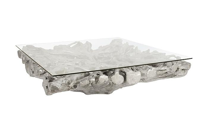Square Root Cast Coffee Table, With Glass, Silver Leaf