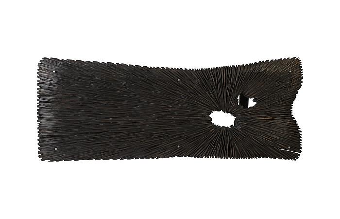 Chainsaw Dining Table with Glass, Burnt Black, Black Iron U Legs