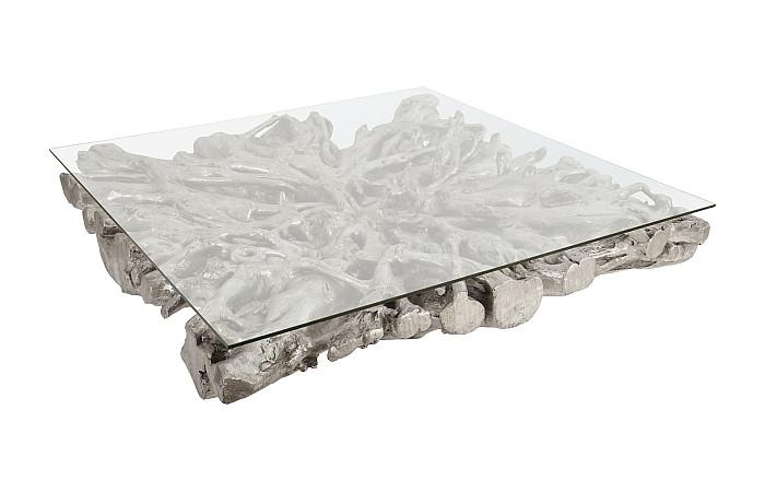 Square Root Cast Coffee Table, With Glass, Silver Leaf