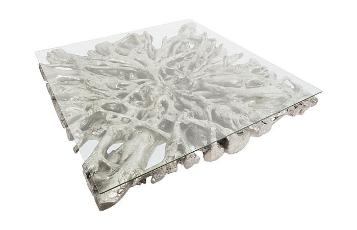 Square Root Cast Coffee Table, With Glass, Silver Leaf