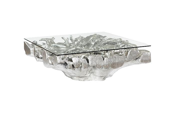 Square Root Cast Coffee Table, With Glass, MD, Silver Leaf
