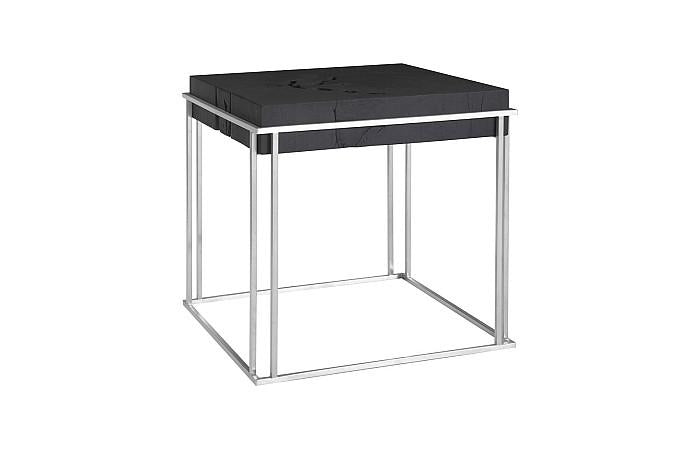 Burnt Cube Side Table, Chamcha Wood, Stainless Steel Base